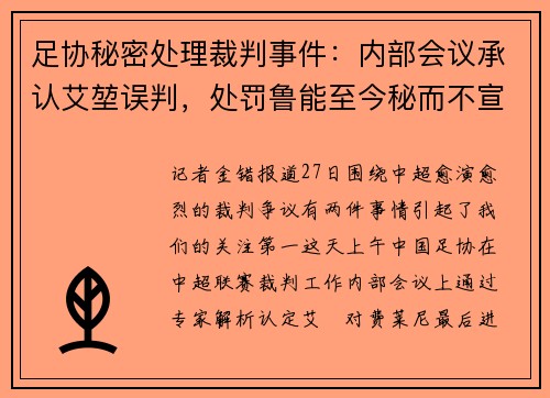 足协秘密处理裁判事件：内部会议承认艾堃误判，处罚鲁能至今秘而不宣